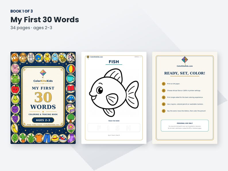 K&ouml;nnte beinhalten: Ein digitales Mal- und Nachmalbuch mit dem Titel My First 30 Words f&uuml;r 2- bis 3-J&auml;hrige. Das Cover hat einen dunkelblauen Rand mit bunten Symbolen von Tieren, Fr&uuml;chten und Objekten. Die Innenseiten zeigen einen Fisch und Anleitungen.