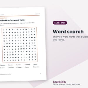 May include: A printable activity sheet titled D&iacute;a de Muertos word hunt, featuring a grid of letters for a word search puzzle. Below the grid are checkboxes for words including Marigold, Candle, Family, Ofrenda, Papel, Alebrije, Memories, Flowers, Bread, and Calavera.
