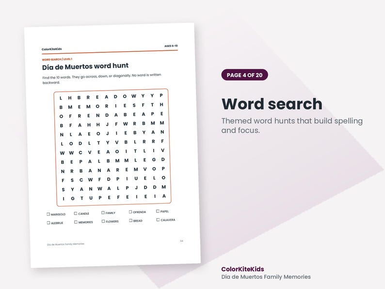 May include: A printable activity sheet titled D&iacute;a de Muertos word hunt, featuring a grid of letters for a word search puzzle. Below the grid are checkboxes for words including Marigold, Candle, Family, Ofrenda, Papel, Alebrije, Memories, Flowers, Bread, and Calavera.