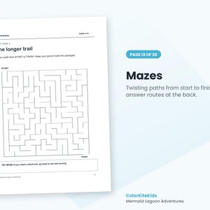 May include: A white activity page titled The longer trail with a black-lined square maze. Text includes ColorKiteKids, AGES 9-10, MAZE LEVEL 3, START, FINISH, and instructions to keep your pencil inside the passages and go back to the last turning.