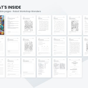 May include: A collection of 20 printable activity pages titled Robot Workshop Wonders, featuring black and white illustrations of robots, word searches, mazes, logic puzzles, and writing prompts for children to complete on white paper.