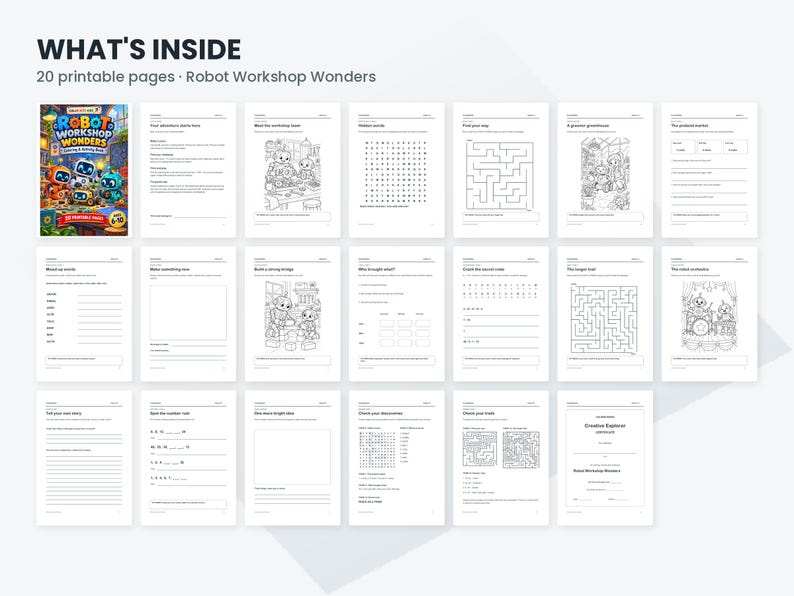 May include: A collection of 20 printable activity pages titled Robot Workshop Wonders, featuring black and white illustrations of robots, word searches, mazes, logic puzzles, and writing prompts for children to complete on white paper.