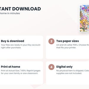 Op de afbeelding: Een digitaal kleurboek getiteld Chibi Friends met twee stripfiguren in een fantasielandschap. De afbeelding bevat vier instructiestappen voor het downloaden en afdrukken van A4- of US Letter PDF-bestanden thuis.