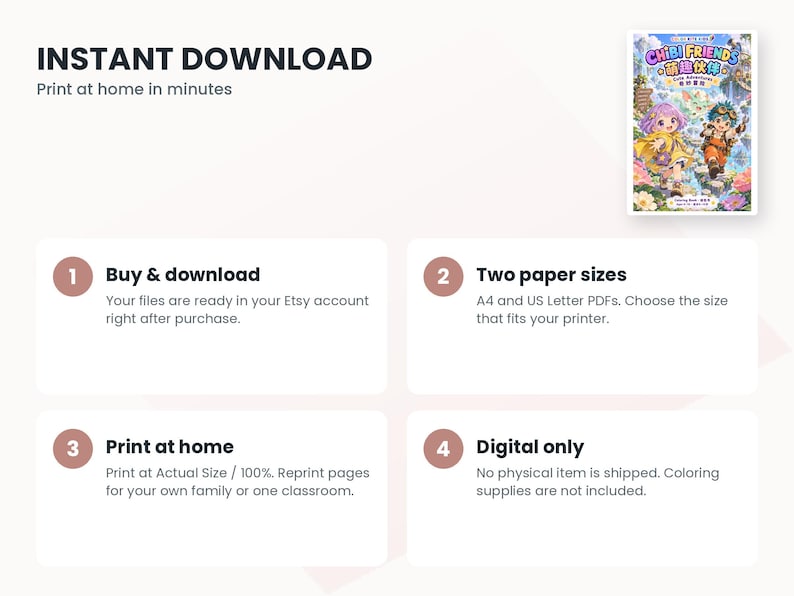 Op de afbeelding: Een digitaal kleurboek getiteld Chibi Friends met twee stripfiguren in een fantasielandschap. De afbeelding bevat vier instructiestappen voor het downloaden en afdrukken van A4- of US Letter PDF-bestanden thuis.
