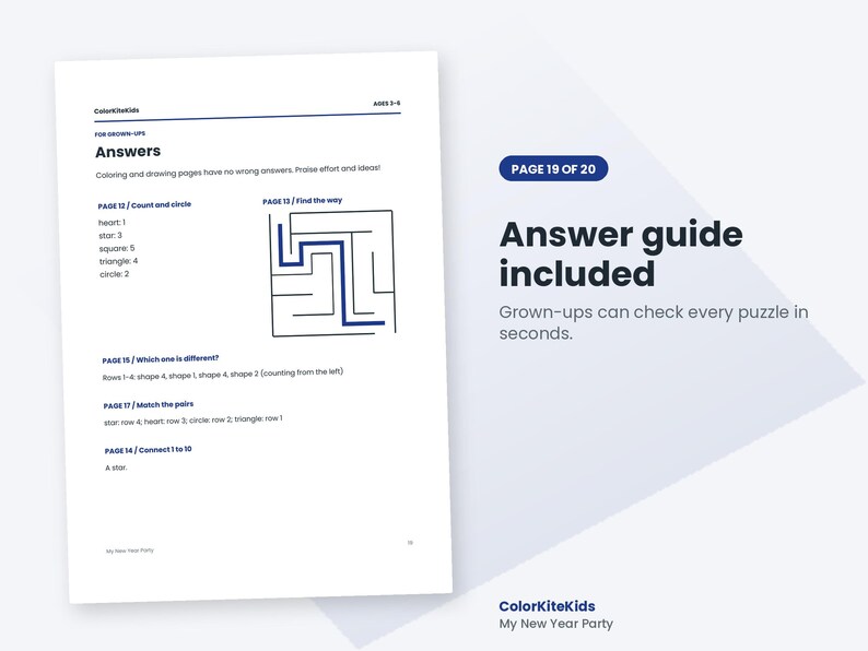 May include: A white document page titled Answers for ColorKiteKids ages 3-6, featuring text-based solutions for puzzles on pages 12, 13, 15, 17, and 14, including a maze diagram with a blue path. The right side displays the text Page 19 of 20.