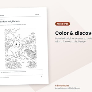 May include: A black and white coloring page titled Meadow neighbours featuring a rabbit and a hedgehog in a field with flowers and a tree. The page includes the text Color & discover, Detailed original scenes to color, each with a fun extra challenge, and a prompt to imagine sounds.