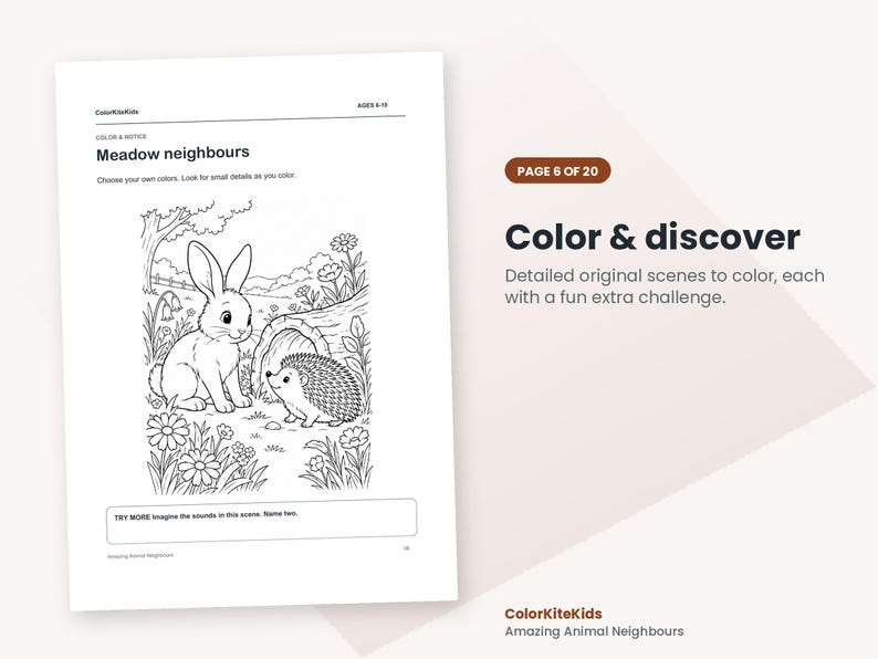 May include: A black and white coloring page titled Meadow neighbours featuring a rabbit and a hedgehog in a field with flowers and a tree. The page includes the text Color & discover, Detailed original scenes to color, each with a fun extra challenge, and a prompt to imagine sounds.