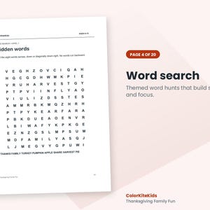 May include: A printable word search activity sheet titled Hidden words with the subtitle Word search / Level 1. The grid contains letters and a list of words including Thanks, Family, Turkey, Pumpkin, Apple, Share, Harvest, and Pie.
