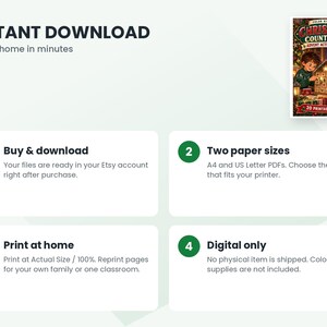 May include: A digital Christmas Countdown Advent Activity Book with 20 printable pages. The cover features two children interacting with a wooden advent calendar. Text includes 'CHRISTMAS COUNTDOWN ADVENT ACTIVITY BOOK' and 'AGES 6-10'.