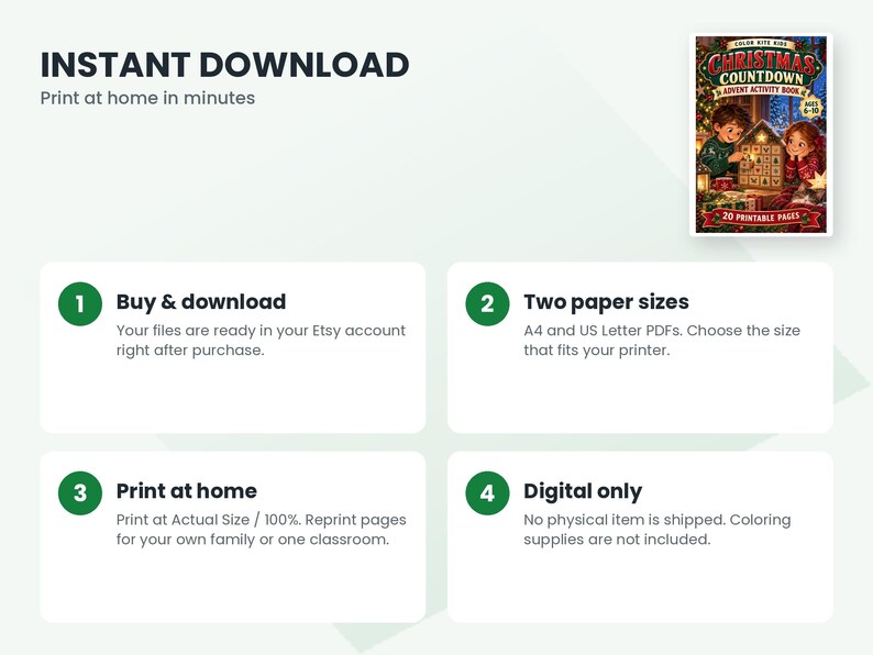 May include: A digital Christmas Countdown Advent Activity Book with 20 printable pages. The cover features two children interacting with a wooden advent calendar. Text includes 'CHRISTMAS COUNTDOWN ADVENT ACTIVITY BOOK' and 'AGES 6-10'.