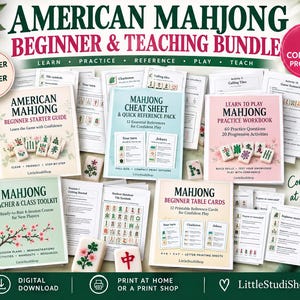 May include: An American Mahjong beginner and teaching bundle featuring five complete products including a starter guide, cheat sheet, practice workbook, teacher toolkit, and table cards with instructional text, tile illustrations, and floral accents.
