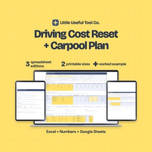 Pode incluir: Uma exibição de produto digital com um laptop e dois tablets mostrando modelos de planilha. O texto diz: Little Useful Tool Co. Driving Cost Reset + Carpool Plan, 3 spreadsheet editions, 2 printable sizes, worked example, Excel + Numbers + Google Sheets.