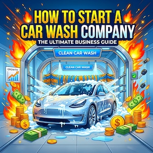 Puede incluir: Una ilustración digital de un coche plateado siendo lavado en un túnel con cepillos azules y naranjas, rodeado de llamas, fajos de billetes y monedas. El texto dice HOW TO START A CAR WASH COMPANY THE ULTIMATE BUSINESS GUIDE.
