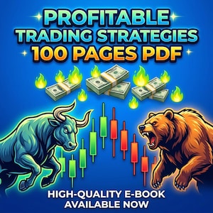 Könnte beinhalten: Ein digitales E-Book-Cover mit dem Titel PROFITABLE TRADING STRATEGIES 100 PAGES PDF. Die Grafik zeigt einen blauen Hintergrund mit Geldbündeln, grünen Feuersymbolen, einem angreifenden Bullen, einem knurrenden Bären und einem Börsenchart.
