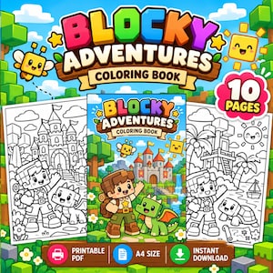 Może przedstawiać: Kolorowanka Blocky Adventures z kolorową okładką przedstawiającą postać, zielonego smoka, zamek i słońce. Książka zawiera 10 stron, jest plikiem PDF do druku w formacie A4 do natychmiastowego pobrania.