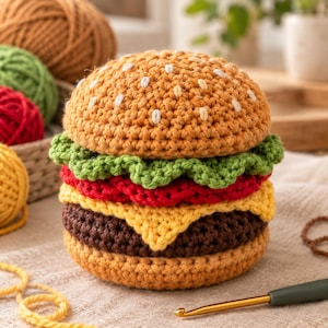 Könnte beinhalten: Ein gehäkeltes Hamburger-Spielzeug bestehend aus einem beigen Brötchen mit gestickten weißen Sesamsamen, einer krausen grünen Salatlage, einer roten Tomatenscheibe, einer gelben Käsescheibe und einem dunkelbraunen Patty auf einem unteren Brötchen.