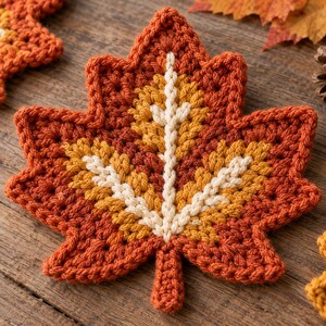 May include: A crochet maple leaf coaster featuring a color palette of burnt orange, golden yellow, and cream. The leaf has a textured, stitched surface with a prominent cream-colored central vein and branching veins extending toward the edges.