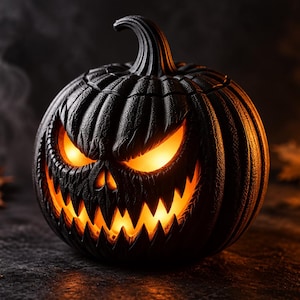 Puede incluir: Una calabaza de Halloween negra con una superficie texturizada y un rostro tallado, dentado y amenazante. El interior está iluminado con un brillo naranja cálido y brillante que resplandece a través de los ojos triangulares y la boca.