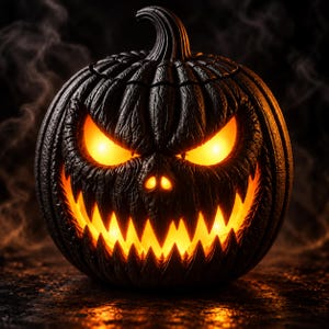 May include: A black carved pumpkin with a textured, ridged surface and a stem on top. The pumpkin features a jagged, wide-mouthed grin and triangular eyes that glow with a bright, warm orange light, emitting a soft smoke effect around it.