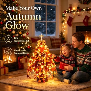 May include: A DIY autumn tree kit featuring a small artificial tree decorated with orange and red maple leaves, pinecones, and warm white string lights. The tree is topped with a small angel ornament and sits on a wooden base.