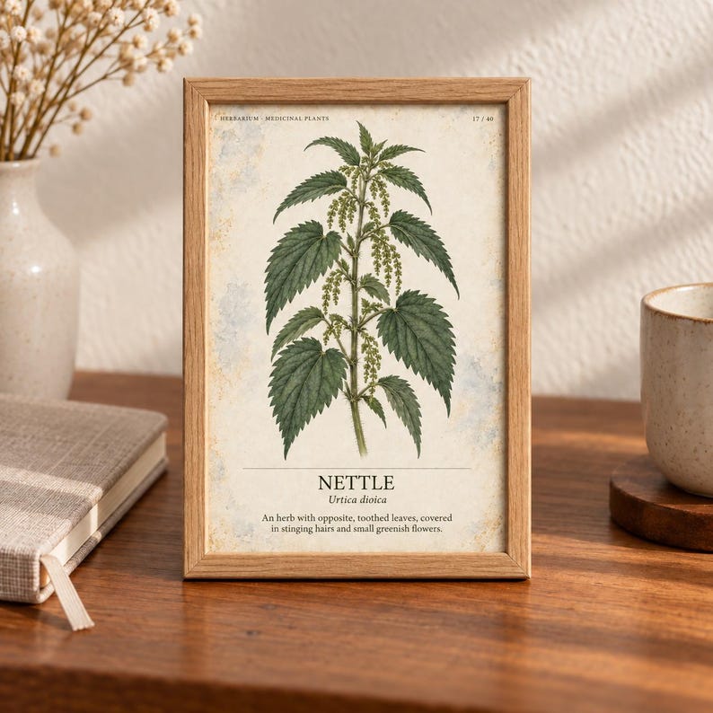 Puede incluir: Una l&aacute;mina bot&aacute;nica enmarcada con una ilustraci&oacute;n detallada de una planta de ortiga con hojas verdes dentadas y flores peque&ntilde;as. El texto dice: HERBARIUM MEDICINAL PLANTS 17/40, NETTLE, Urtica dioica.