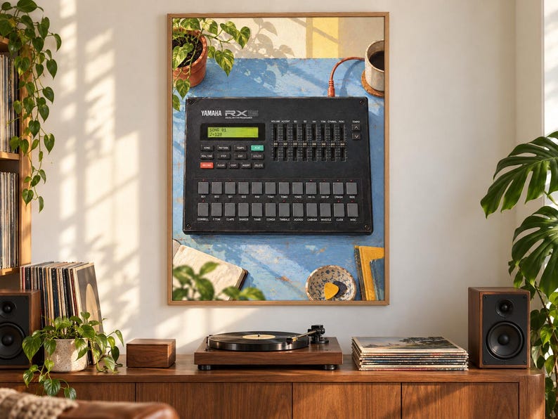 Pode incluir: Uma impress&atilde;o de arte de parede emoldurada apresentando uma bateria eletr&ocirc;nica Yamaha RX preta com display digital, v&aacute;rios controles deslizantes e uma grade de bot&otilde;es quadrados. O dispositivo est&aacute; sobre uma superf&iacute;cie azul com planta e caneca.