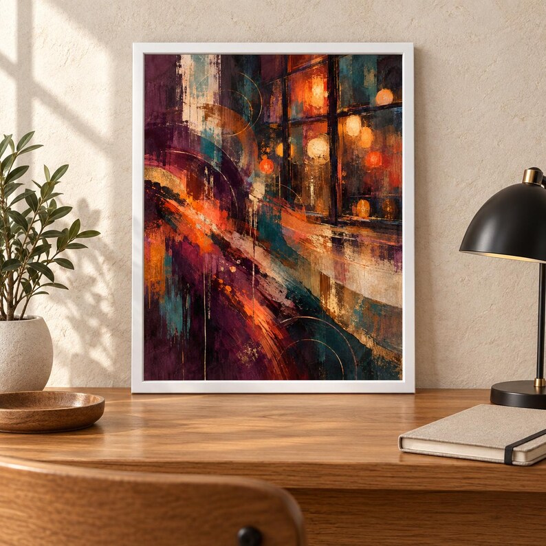 May include: A rectangular wall art print in a white frame featuring an abstract painting with deep purple, orange, and teal brushstrokes. The composition depicts a street scene with glowing circular lights visible through a dark window grid.