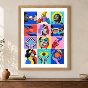 May include: A framed wall art print featuring a grid of twelve colorful, surrealist illustrations. The artwork displays various human faces, hands, and abstract shapes in vibrant shades of blue, yellow, red, and pink, arranged in a collage format.