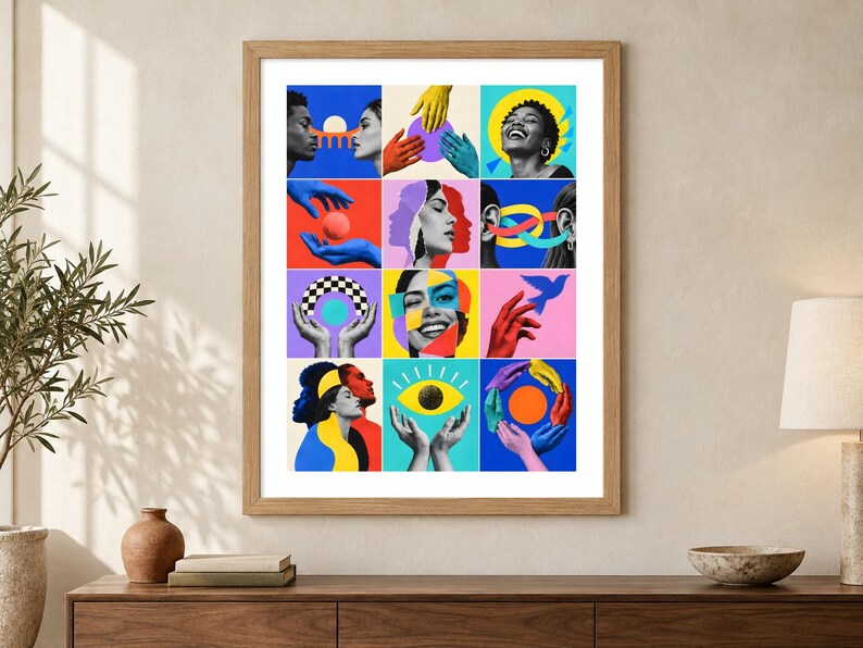 May include: A framed wall art print featuring a grid of twelve colorful, surrealist illustrations. The artwork displays various human faces, hands, and abstract shapes in vibrant shades of blue, yellow, red, and pink, arranged in a collage format.