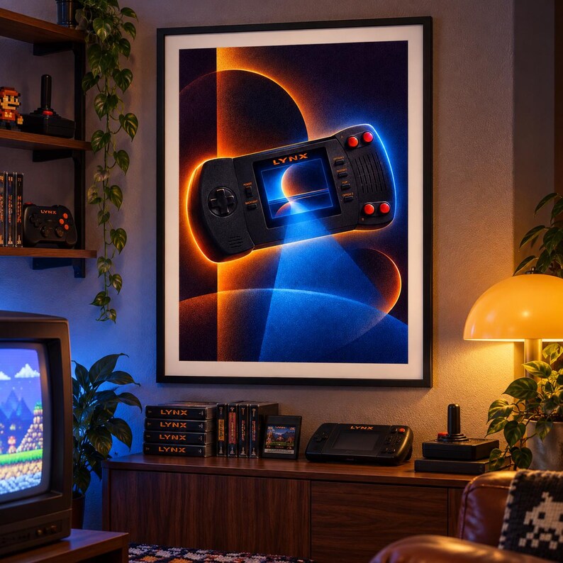 Pu&ograve; includere: Una stampa artistica da parete incorniciata che raffigura una console di gioco portatile nera con pulsanti rossi e la parola LYNX stampata sullo schermo, su uno sfondo scuro con effetti di luce circolari arancioni e blu e forme geometriche.