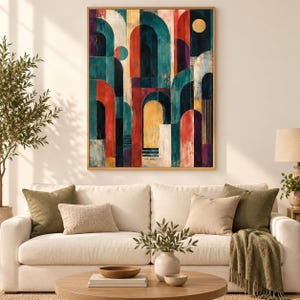 Pode incluir: Uma impress&atilde;o de arte de parede retangular com uma composi&ccedil;&atilde;o geom&eacute;trica de arcos sobrepostos em tons de azul-petr&oacute;leo, vermelho profundo, amarelo e roxo. O design inclui linhas verticais e formas circulares num padr&atilde;o arquitet&oacute;nico.