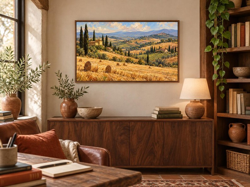 May include: A rectangular landscape painting featuring a golden wheat field with hay bales, cypress trees, and stone buildings under a blue sky with clouds. The artwork is displayed in a thin brown frame, mounted on a light-colored wall above a wooden cabinet.