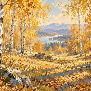 Pu&ograve; includere: Un dipinto a olio di un paesaggio boschivo in autunno con betulle dalla corteccia bianca e foglie giallo oro. La scena mostra un pendio erboso coperto di foglie cadute, grandi rocce coperte di muschio e una vista lontana su un lago.