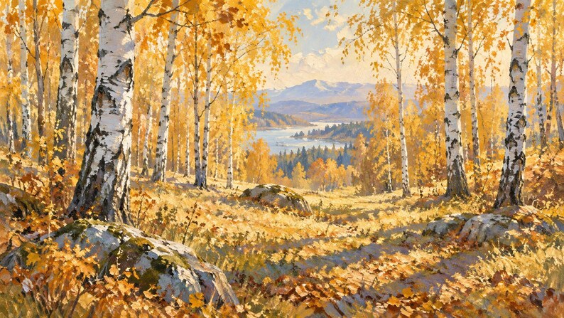 Pu&ograve; includere: Un dipinto a olio di un paesaggio boschivo in autunno con betulle dalla corteccia bianca e foglie giallo oro. La scena mostra un pendio erboso coperto di foglie cadute, grandi rocce coperte di muschio e una vista lontana su un lago.