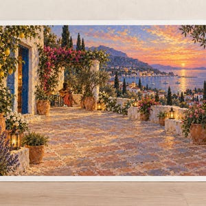May include: A framed landscape painting depicting a Mediterranean stone terrace at sunset. The scene features terracotta pots with flowers, a lemon tree, a person playing a guitar under a pergola, and a coastal view with a harbour and mountains.