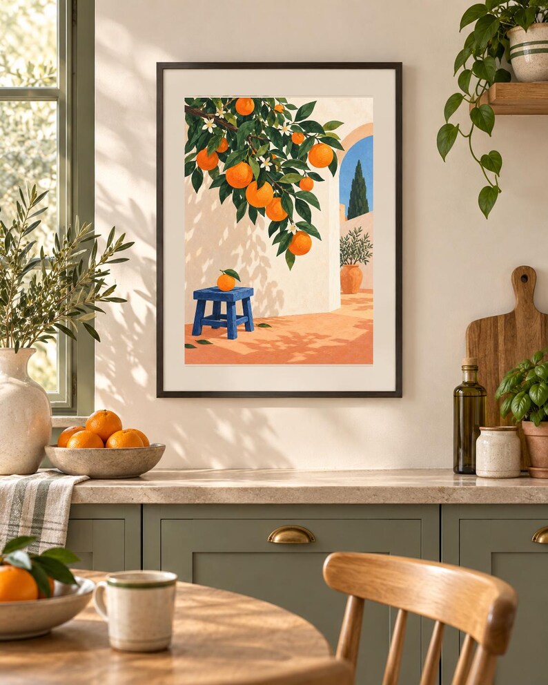 May include: A framed wall art print depicting a Mediterranean scene with an orange tree branch laden with ripe fruit and white blossoms hanging over a small blue wooden stool. The background shows a sunlit patio with a terracotta floor and archway.