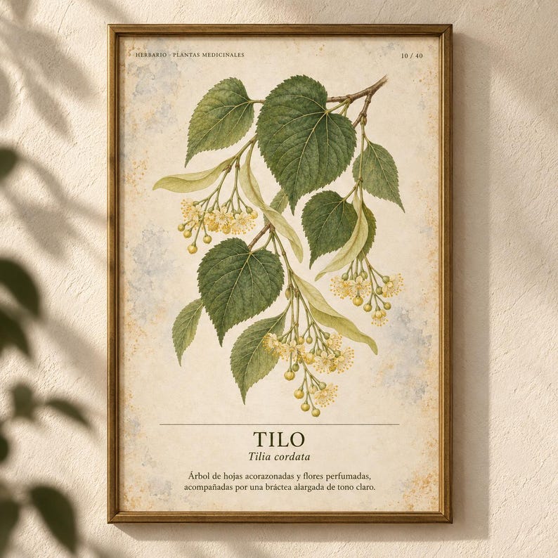 Puede incluir: Una l&aacute;mina bot&aacute;nica enmarcada que muestra una rama de Tilia cordata con hojas verdes acorazonadas y racimos de flores amarillas. El fondo crema incluye el texto "HERBARIO PLANTAS MEDICINALES", "TILO" y "Tilia cordata".