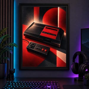 Puede incluir: Una impresi&oacute;n de arte mural enmarcada que presenta una consola de videojuegos retro negra y roja y un mando rectangular a juego con un pad direccional y dos botones rojos, sobre un fondo geom&eacute;trico de formas rojas y negras audaces.
