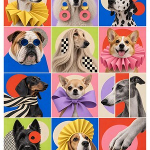 May include: A grid of twelve images featuring various dog breeds with colorful accessories, including a yellow ruff, blue circular sunglasses, a large purple bow, a paper hat, and a gold ring held by a dog paw against vibrant geometric backgrounds.