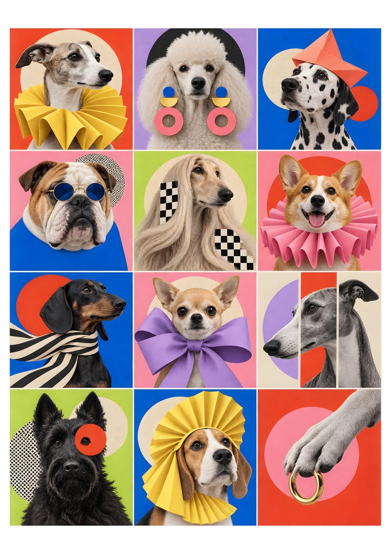 May include: A grid of twelve images featuring various dog breeds with colorful accessories, including a yellow ruff, blue circular sunglasses, a large purple bow, a paper hat, and a gold ring held by a dog paw against vibrant geometric backgrounds.