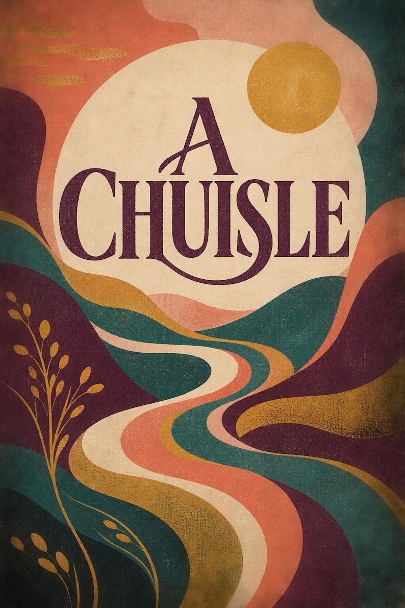 Puede incluir: Una l&aacute;mina art&iacute;stica vertical con el texto A CHUISLE en una fuente serif de color morado oscuro centrado sobre un paisaje estilizado. La escena muestra colinas onduladas en tonos verde azulado, morado y naranja con un camino y un sol amarillo.