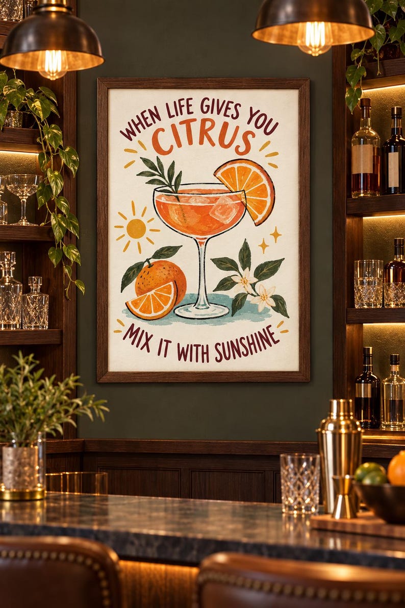 May include: A framed wall art print featuring a cocktail in a stemmed glass with an orange slice, a whole orange, and orange blossoms. The text reads, "WHEN LIFE GIVES YOU CITRUS MIX IT WITH SUNSHINE." The illustration uses orange, green, and brown tones.