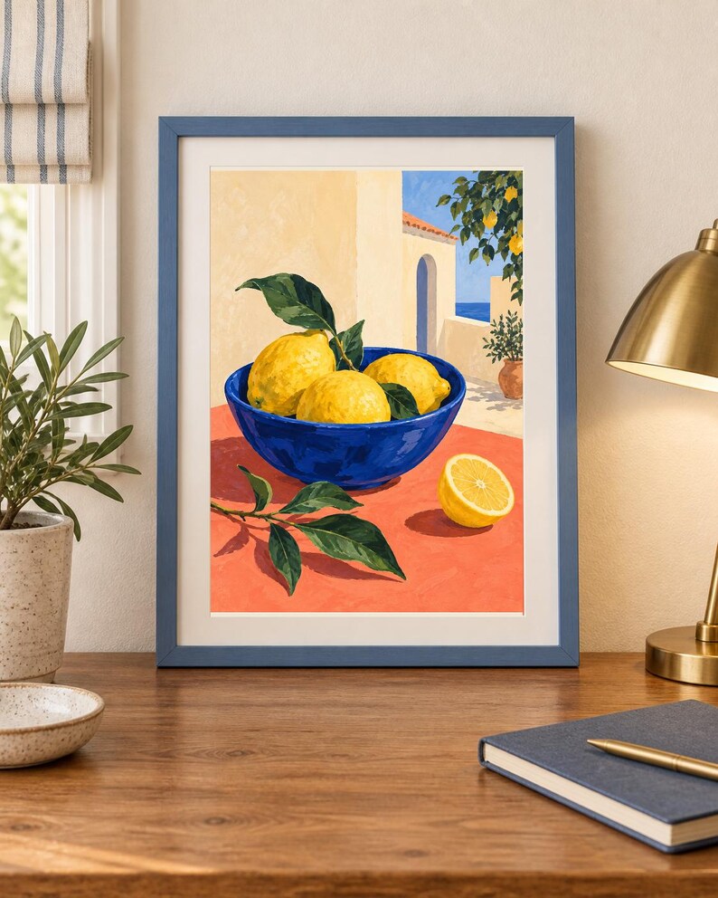 May include: A framed art print featuring a painting of bright yellow lemons in a deep blue bowl on a vibrant orange surface. The scene depicts a Mediterranean-style terrace with a clear blue sky, a stone archway, and green lemon tree foliage.