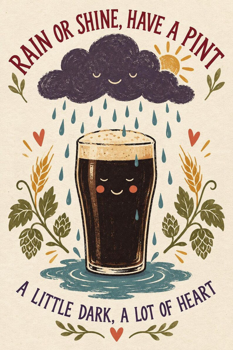 May include: A graphic illustration of a dark beer in a glass with a smiling face, surrounded by rain, a sun, and hops. The text reads: RAIN OR SHINE, HAVE A PINT and A LITTLE DARK, A LOT OF HEART. The design features a purple cloud and red hearts.
