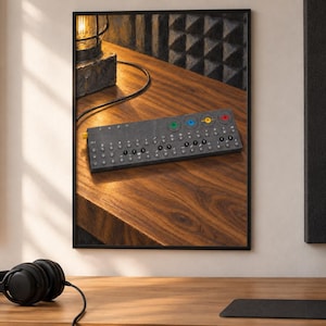 Op de afbeelding: Een donkergrijze elektronische muziek-synthesizer met een rij genummerde knoppen en vier ronde draaiknoppen in groen, blauw, geel en rood. Het apparaat wordt weergegeven in een ingelijste wandprint, met de interface en bedieningselementen.