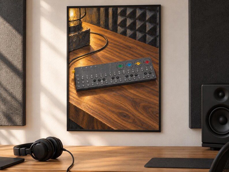 Op de afbeelding: Een donkergrijze elektronische muziek-synthesizer met een rij genummerde knoppen en vier ronde draaiknoppen in groen, blauw, geel en rood. Het apparaat wordt weergegeven in een ingelijste wandprint, met de interface en bedieningselementen.