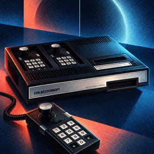 Op de afbeelding: Een zwarte ColecoVision-spelcomputer met een zilverkleurig voorpaneel met de tekst ColecoVision en Expansion Module Interface. De console bevat twee ge&iuml;ntegreerde controllers met numerieke toetsenborden en joysticks, plus &eacute;&eacute;n losse controller.