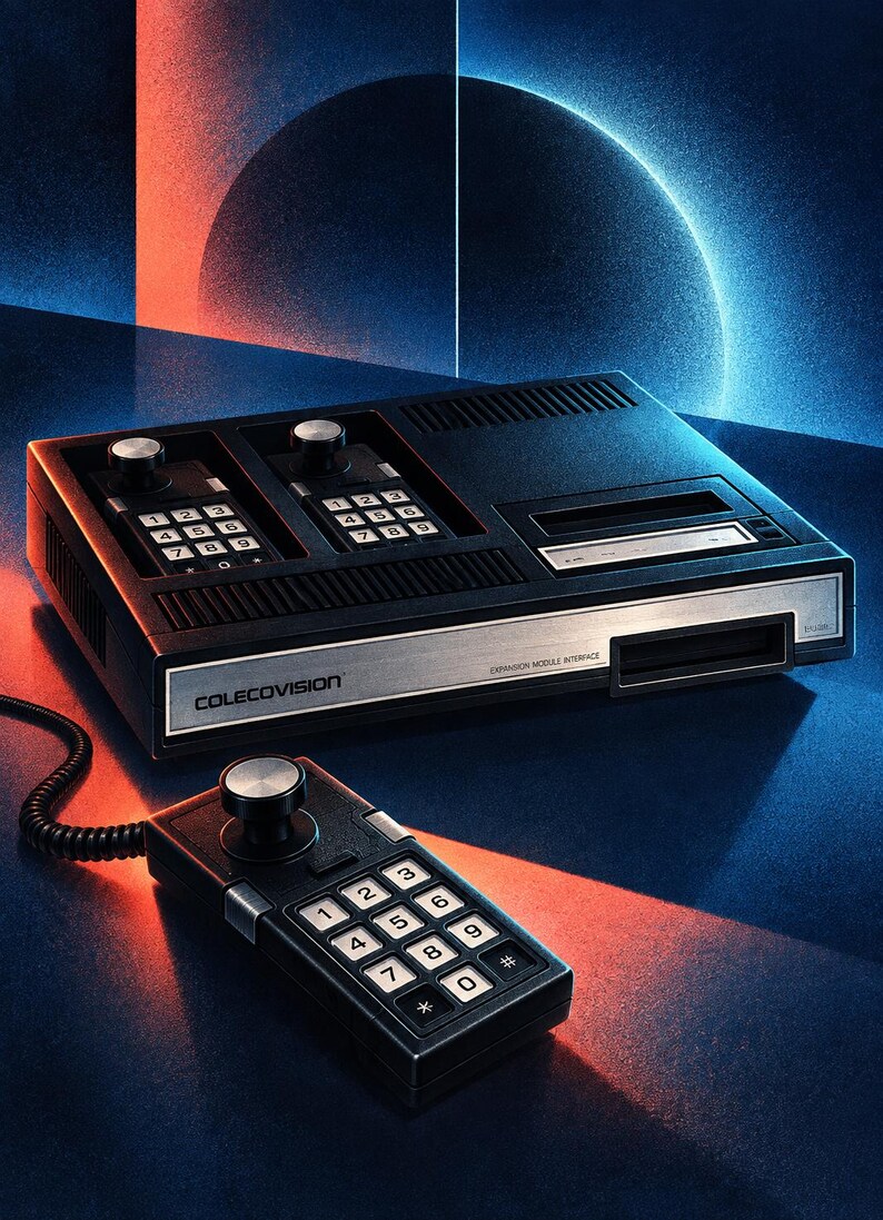 Op de afbeelding: Een zwarte ColecoVision-spelcomputer met een zilverkleurig voorpaneel met de tekst ColecoVision en Expansion Module Interface. De console bevat twee ge&iuml;ntegreerde controllers met numerieke toetsenborden en joysticks, plus &eacute;&eacute;n losse controller.