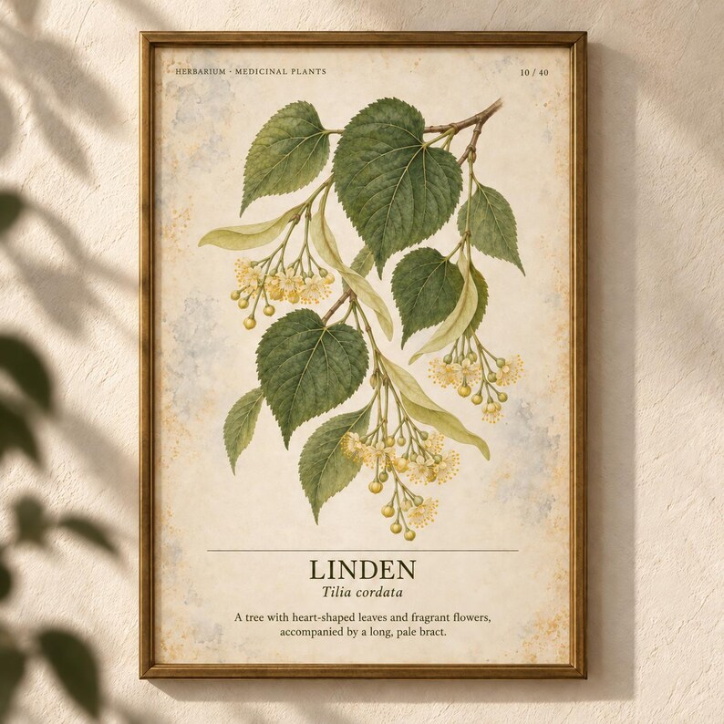 Puede incluir: Una l&aacute;mina bot&aacute;nica enmarcada que muestra una rama de Tilia cordata con hojas verdes en forma de coraz&oacute;n y racimos de flores amarillo p&aacute;lido. El texto dice HERBARIUM MEDICINAL PLANTS 10/40, LINDEN Tilia cordata y una descripci&oacute;n del &aacute;rbol.