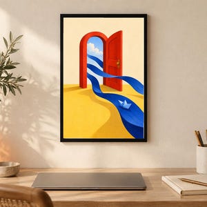 May include: A framed wall art print featuring a surreal illustration of a bright red arched door standing on a yellow surface. A blue ribbon-like stream flows from the open door across the yellow ground, carrying a small white paper boat.